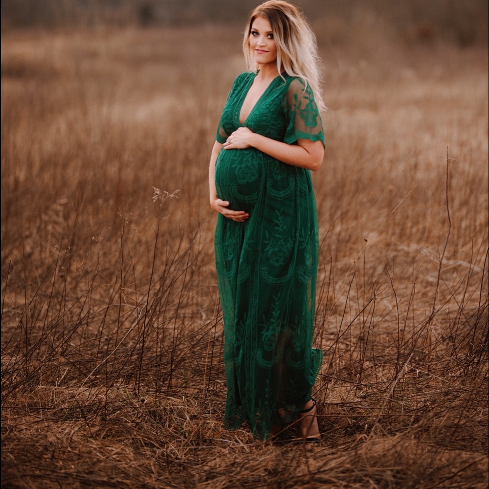 Pink blush lace green maternity dress